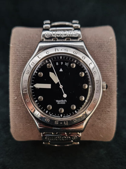 1999 Swatch Swiss Irony Date YGS414G Silver Tone Black Dial
